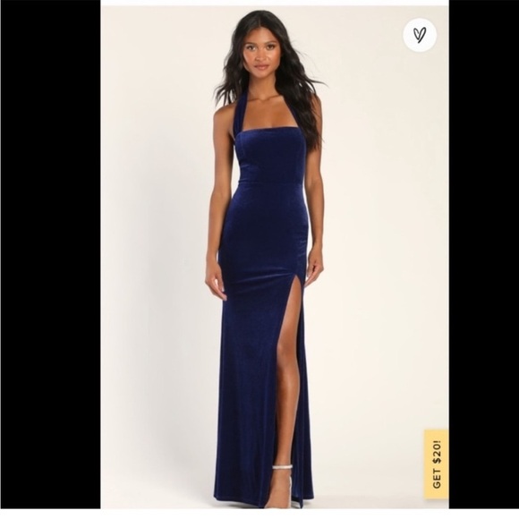 Lulu's Enchanting Touch Royal Blue Velour Velvet Halter Maxi Dress - Picture 2 of 15